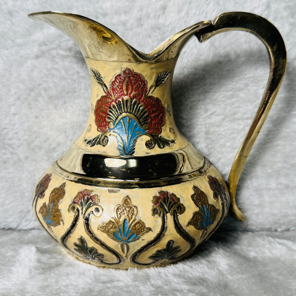 Vintage Brass Hand Painted Floral Wall‎ Jug Enamel Design Decorative Boho India